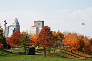 Louisville Kentucky looking west from the Waterfront Park, tree leaves changing color