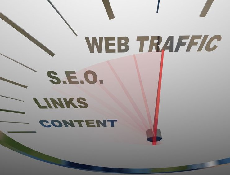 11420530 - a speedometer with needle racing past the necessary elements in a web traffic growth strategy, from content to links to s.e.o. to increased onilne readership