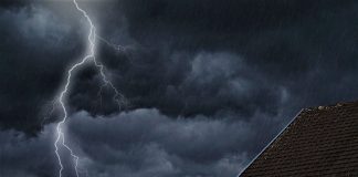 House with a rainy sky and lightning