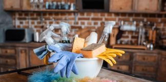 Cleaning supplies on table