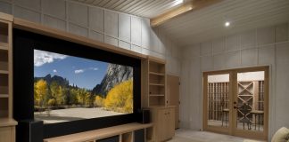 Home theater with wine tasting room, big screen, wood cabinets