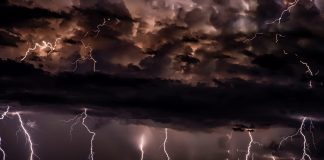 Lightning in stormy sky