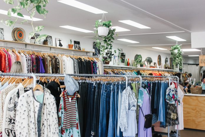 Clothing racks in thrift store