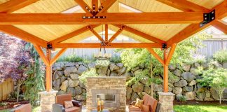 Exterior covered patio with fireplace and furniture