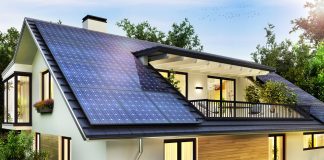 Solar panels on the gable roof of a beautiful modern home