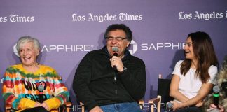 Glenn Close, left, Rodrigo Garcia and Mila Kunis talk during a panel for "Four Good Days" at LA Times Live during the Sundance Film Festival presented by Chase Sapphire,