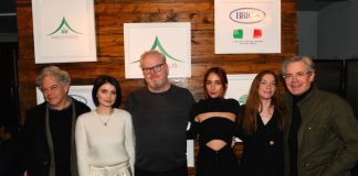 Michael Almereyda (director), Eve Hewson, Jim Gaffigan Rebecca Dayan Hannah Gross Kyle McLachlan at the TESLA Pre-screening dinner at Wellhaus Spa at PuraVida  Photo Credit Aaron Fedor.