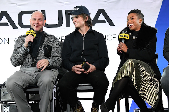 Eugene Kotlyarenko, Joe Keery and Sasheer Zamata speak onstage during the "Spree" Acura Live Panel at Acura Festival Village at Sundance Film Festival on January 24, 2020 in Park City, Utah. (Photo by Michael Kovac/Getty Images for Acura)