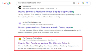 An screenshot of SERP rankings for a keyword “how to become a freelance writer