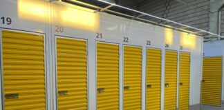 Row of storage units with yellow doors