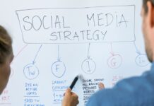 Undeniable Benefits of a Social Media Presence in Business A close-up of two business professionals standing at a whiteboard full of social media strategy ideas.
