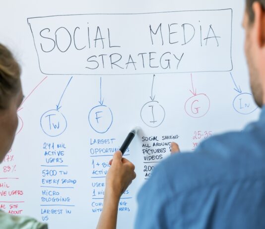 A close-up of two business professionals standing at a whiteboard full of social media strategy ideas.