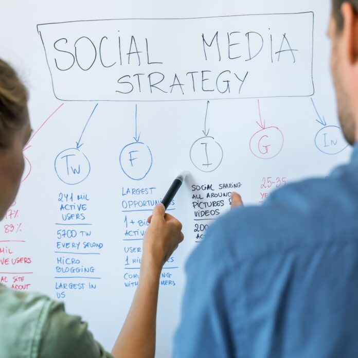 A close-up of two business professionals standing at a whiteboard full of social media strategy ideas. A close-up of two business professionals standing at a whiteboard full of social media strategy ideas.