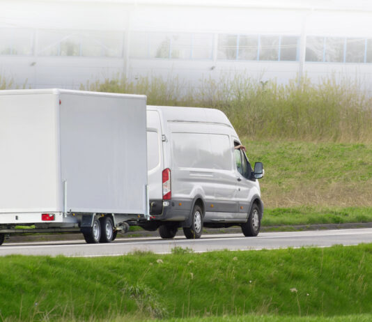 Secured utility trailer at dusk