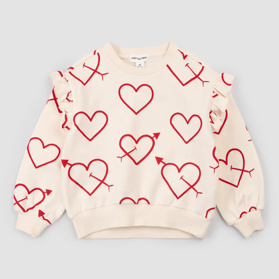 Miles The Label Heart Sketch on Creme Ruffled Sweatshirt. Magical Valentine's Day