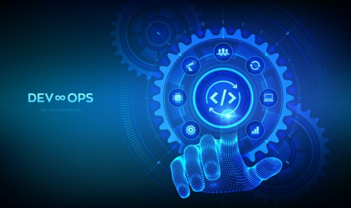 Devops. Agile development and optimisation concept. Software engineering. Software development practices methodology. Hand touching digital interface with connected gears cogs and icons. Vector. DevOps Automation Services