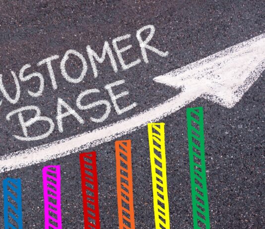 A bar graph shows an upward trend and features the words "Customer Base" above it. It also has an upward-pointing arrow.