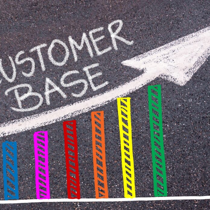 A bar graph shows an upward trend and features the words "Customer Base" above it. It also has an upward-pointing arrow. A bar graph shows an upward trend and features the words "Customer Base" above it. It also has an upward-pointing arrow.